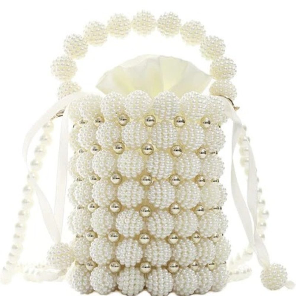 HANDMADE PEARL BEADED EVENING HANDBAG TOP HANDLE PURSE WITH INNERBAG & DUSTBAG